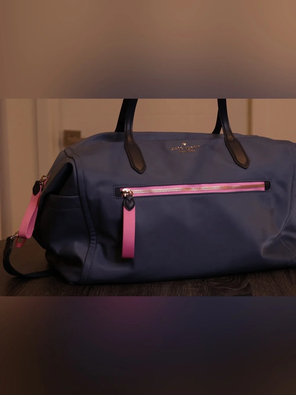 Kate Spade New York Navy Nylon Weekender Duffel Travel Carry-On Bag Pink Zip